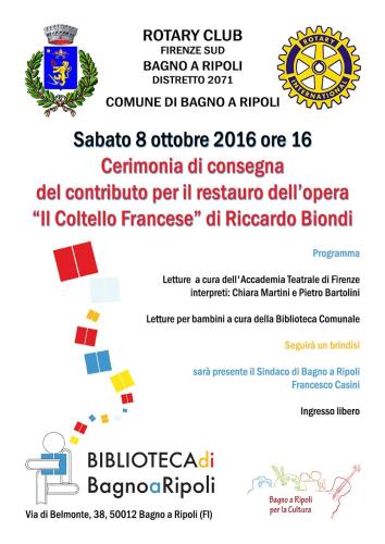 Ottobre 2016 service per il restauro della scultura denominata Ccoltello francese presso la biblioteca di Bagno a Ripoli